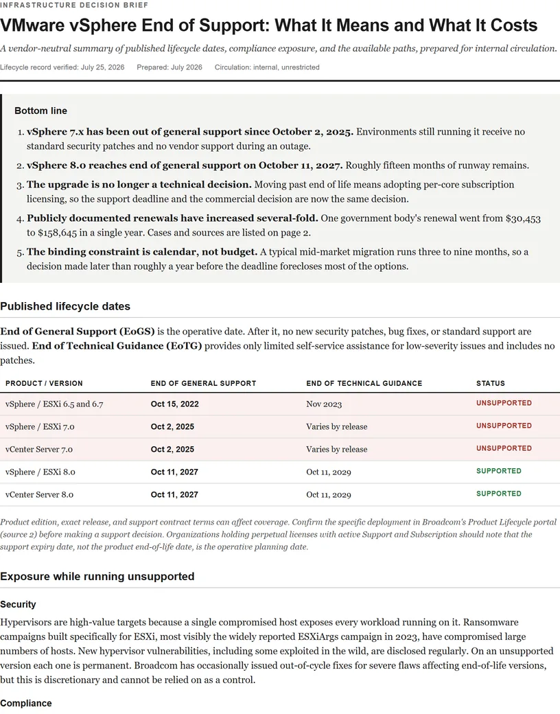 First page of the brief, showing the bottom-line summary and the published lifecycle date table.